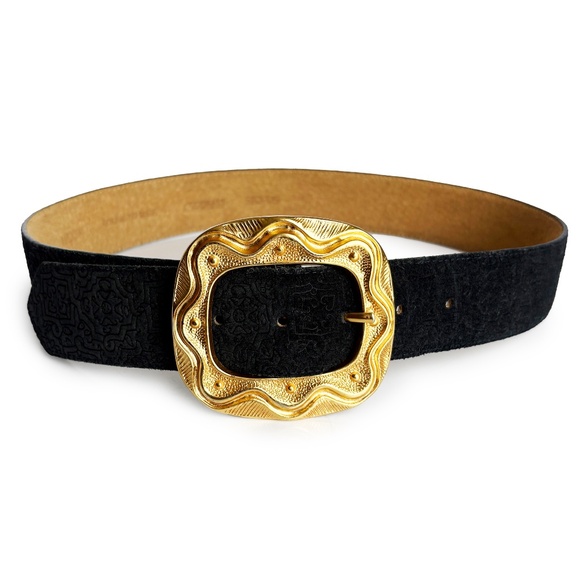 Cipriani Wide Leather Belt Textured Leather Gold Abstract Buckle Retro 90s Sz M - Picture 1 of 11